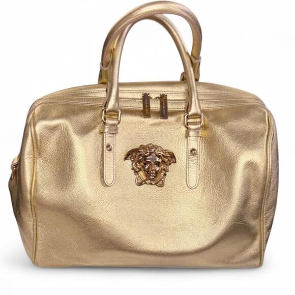Versace Handbags - VTG Gianni Versace Gold Metallic Leather Large Medusa Satchel Two Way Bag Glam